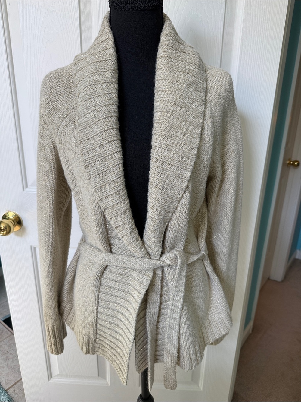 LOFT Ann Taylor Metallic Knit Shawl Collar Belted Cardigan Sweater Beige EUC